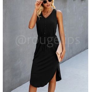 Black Drawstring Waist w/ Pockets Midi Casual Dress Tank V-Neck Asymmetrical Hem